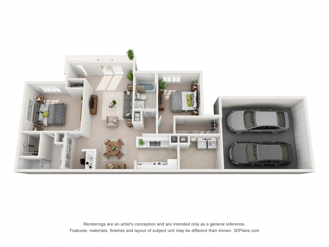 Floor plan for 2 beds, 2 baths, 1253 sqft